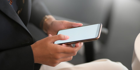 Cropped shot of young businesswoman working with blank smartphone