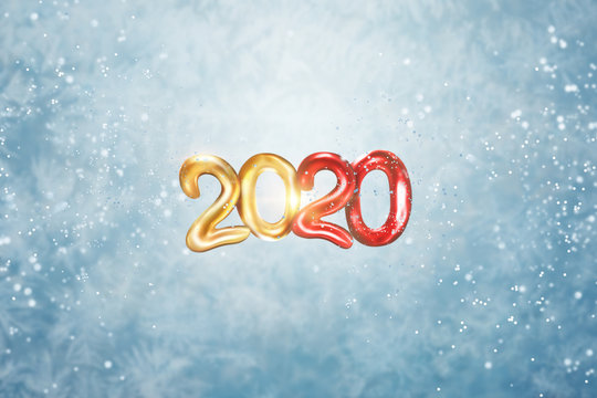 Text 2020 on an icy background, happy new year. Calligraphy lettering card design template. Holiday greeting gift poster. 3D illustration, 3D render. Copy space. Merry Christmas