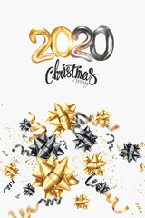 Fototapeta na wymiar Merry Christmas text on a white background, 2020. Black-gold design. Calligraphy lettering card design template. Holiday greeting gift poster. 3D illustration, 3D render