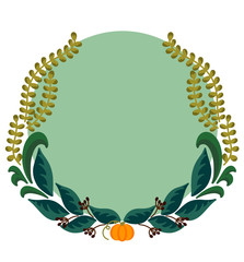 Round Frame with flowers and leaves on colored round background. Vector illustration