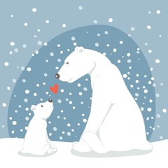 Christmas card with funny bears. A family of polar bears. Vector illustration.