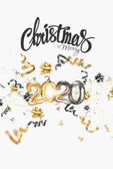 Obraz premium Merry Christmas text on a white background. Black-gold design. Calligraphy lettering card design template. Holiday greeting gift poster. 3D illustration, 3D render