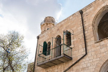 The outer wall of the mosque located on the territory of the grave of the prophet Samuel on Mount of Joy near Jerusalem in Israel