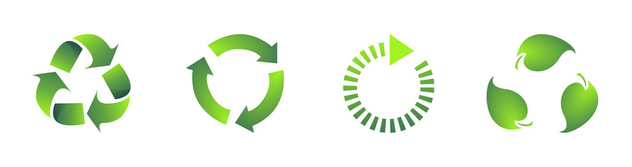 Vector collection of icons, material recycling symbol isolated white background. Symbol of bio, eco, care, purification of nature, environment. Use green sign illustration for poster, banner.