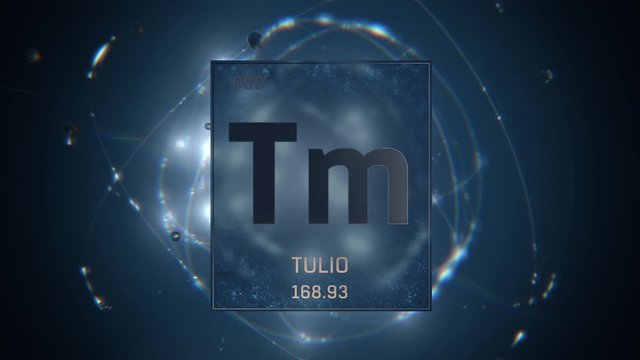 Thulium as Element 69 of the Periodic Table. Seamlessly looping 3D animation on blue illuminated atom design background with orbiting electrons. Name, atomic weight, element number in Spanish language