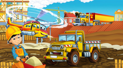 cartoon scene with industry cars on construction site and flying helicopter and plane - illustration for children