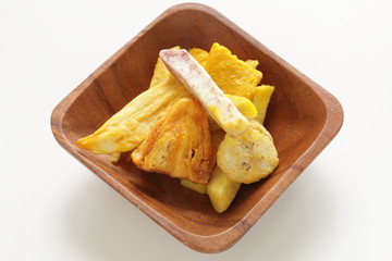 Asian food,  deep fried yam and jack fruit on wooden plate