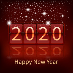 Happy new year 2020. Abstract background shining and clock with reflection. Poster, template. Vector illustration.