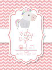 Baby shower invitation with unicorn cartoon vector design