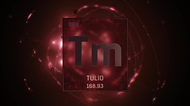 Thulium as Element 69 of the Periodic Table. Seamlessly looping 3D animation on red illuminated atom design background with orbiting electrons. Name, atomic weight, element number in Spanish language