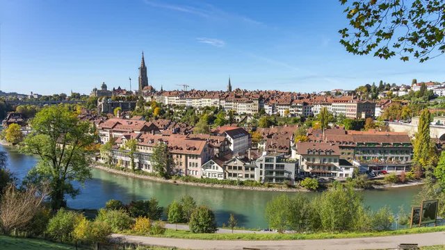 Bern old town with view of Bern city skyline in Switzerland time lapse
