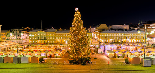 Helsinki, Finland. Xmas Market On Senate Square With Holiday Carousel And Famous Landmark Is...