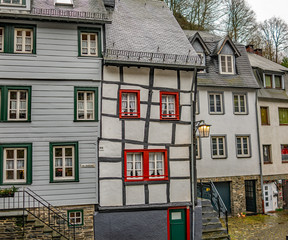 Traditional crooked tudor style buildings in the German town of Monschau