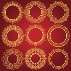 Set of luxurious round golden frames. Nine lace openwork frames on a red background.Vector.