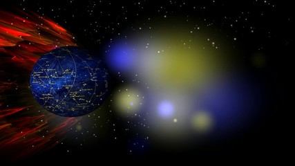 A 3d animated zodiac design for Scorpio with a blue planet spinning against a dark background with fire and stars - Powered by Adobe