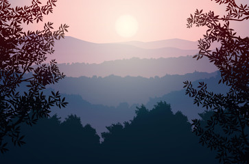 Fototapeta premium Natural forest trees mountains horizon hills Sunrise and sunset Landscape wallpaper Illustration vector style Colorful view background