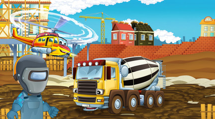 cartoon scene with industry cars on construction site and flying helicopter and plane - illustration for children