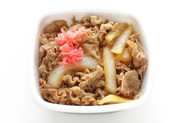 Japanese food, Gyudon simmered beef and onion on rice in take out lunch box
