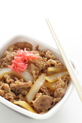 Japanese food, Gyudon simmered beef and onion on rice in take out lunch box