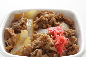 Japanese food, Gyudon simmered beef and onion on rice in take out lunch box
