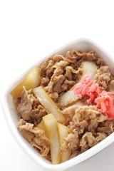 Japanese food, Gyudon simmered beef and onion on rice in take out lunch box