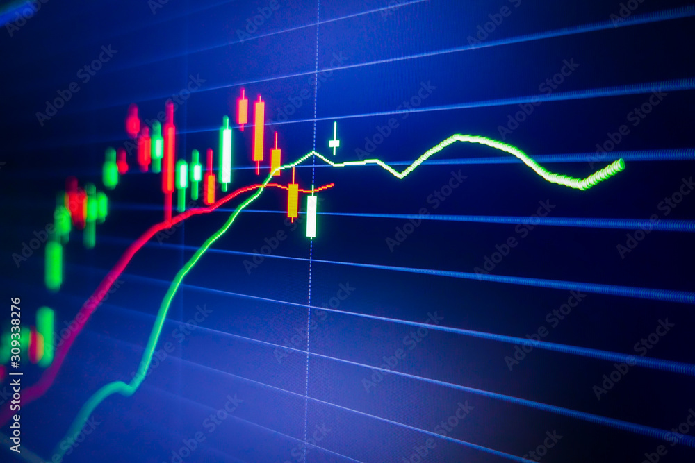 Wall mural blue stock exchange market graph on led screen for business analysis. finance and economic graphs.