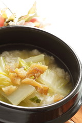 Korean food, cod fish and cabbage in rice soup