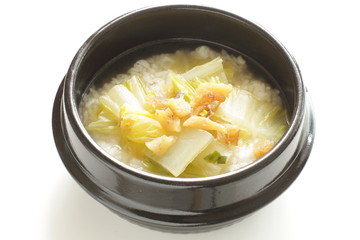 Korean food, cod fish and cabbage in rice soup