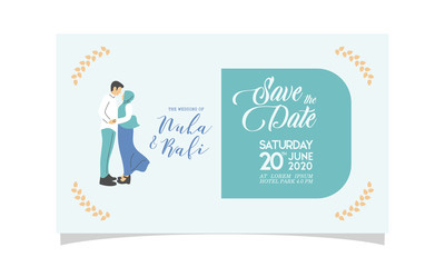 Wedding invitation with muslim couple flat vector charachter. modern design flat vector for marriage. graphic illustration. married concept. Groom and bride card template.