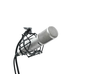 High quality condencer microphone with clipping path. Close up of high fidelity microphone hanging ...