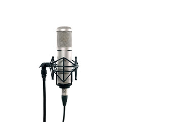 High quality condencer microphone with clipping path. Close up of high fidelity microphone hanging ...