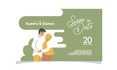 Wedding invitation with muslim couple flat vector charachter. modern design flat vector for marriage. graphic illustration. married concept. Groom and bride card template.