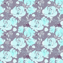 Fototapeta premium blue roses seamless pattern on gray background
