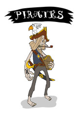 Sly skinny pirate with a parrot, a chest and a pipe. Color illustration, suitable for a poster, t-shirt print, children's printed materials.