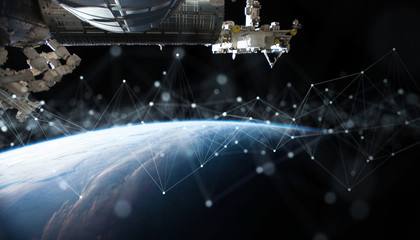 Satellites sending datas exchanges and connections system over the globe 3D rendering elements of this image furnished by NASA
