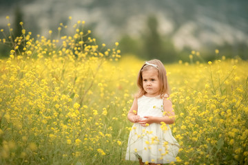 Naklejka na ściany i meble Cute smiling little girl with flower wreath on the meadow at the farm. Portrait of adorable small kid outdoors. Midsummer. Earth Day.