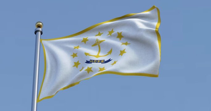 Rhode Island flag blowing in the wind in front of a blue sky