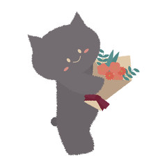 お祝いの花束を抱える黒猫