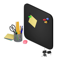Composition of stationery- black board, red, green, yellow and blue pins, paper clips, scissors, pencil, blue pens, pink eraser, and yellow stickers. 3D illustration on white background.