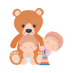 Cute baby boy and girl with teddy bear vector design