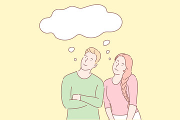 Common dreams, similar thoughts, sharing views concept. Happy family couple having same plans. Daydreaming metaphor. Boyfriend and girlfriend total understanding. Simple flat vector