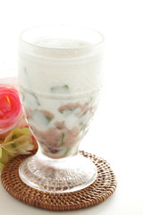 Asian sweet drink, green jelly and red bean in coconut milk