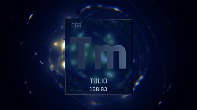 Thulium as Element 69 of the Periodic Table. Seamlessly looping 3D animation on blue illuminated atom design background with orbiting electrons. Name, atomic weight, element number in Spanish language