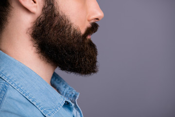 Cropped profile side photo of focused guy look copy space show his groomed beard after spa salon bodycare procedure wear stylish jeans outfit isolated over grey color background - obrazy, fototapety, plakaty