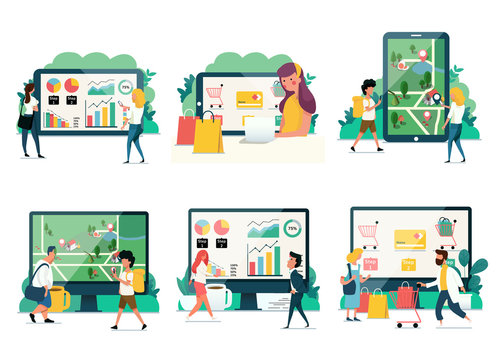 Modern vector illustration flat concepts decorated people character. Set of social media marketing, business, travel, on line shopping, business project. 