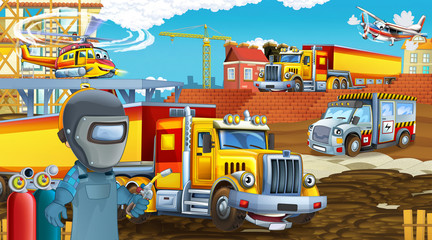 Fototapeta na wymiar cartoon scene with industry cars on construction site and flying helicopter and plane - illustration for children