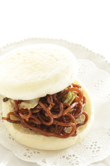 Japanese fusion food, Yakisoba and English muffin sandwich