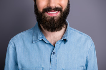 Obraz premium Close up cropped photo of positive student smile enjoy haircare spa salon procedure medical toothy treatment charming healthy guy concept wear denim jeans shirt isolated grey color background