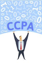 CCPA, California Consumer Privacy Act. Strong man holding bulk of digital data above his head on white background. Flat vector illustration. Vertical.