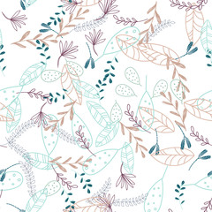 Obraz premium Trendy outline native foliage and leaves seamless pattern. Small and medium elements paradise flora leaves. Vector illustration. on white background